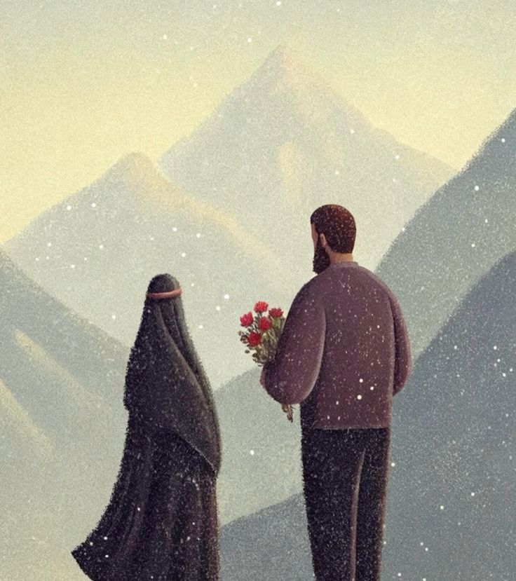 Two people stand side by side facing snowy mountains; one holds a bouquet of red flowers, and the other wears a black cloak and headscarf. Snow gently falls in the peaceful, muted landscape.