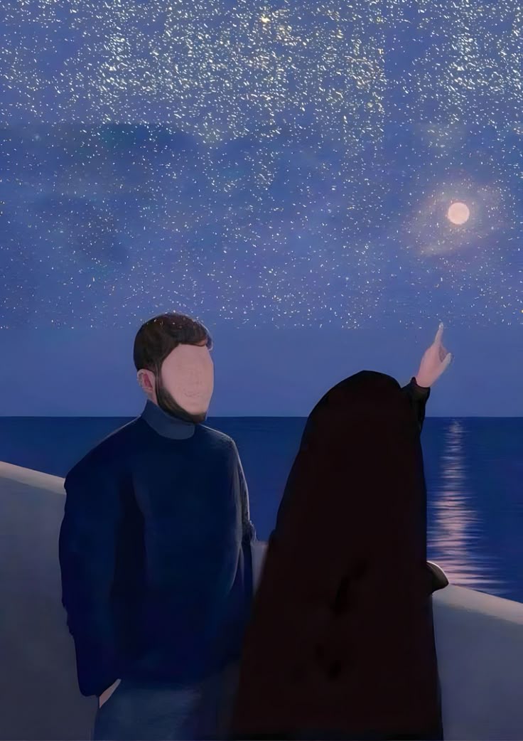 A faceless man and woman stand by the water at night; the woman points at the starry sky and full moon while the man looks on, both silhouetted against the night.