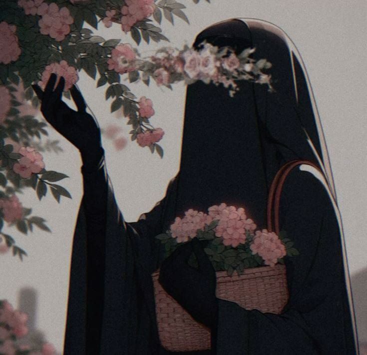 Anime-style figure in a black veil and gloves holds a basket of pink flowers, reaching up to touch blooming pink roses on a branch. The scene is soft and muted, creating a calm, dreamy atmosphere.