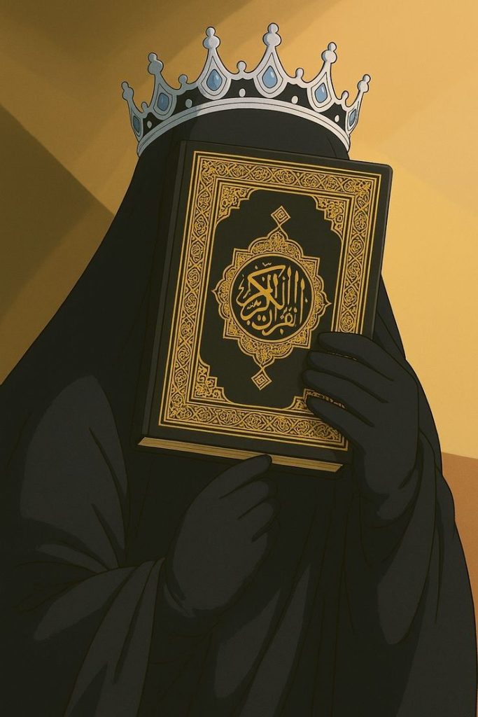 A person wearing a black niqab and gloves holds a Quran in front of their face. A silver crown rests on their head. The background features warm, neutral tones.